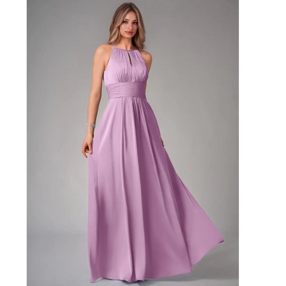 Azazie Bonnie Stretch Wisteria A-Line Pleated Stretch Satin Dress Bridesmaid A6 - Picture 1 of 15